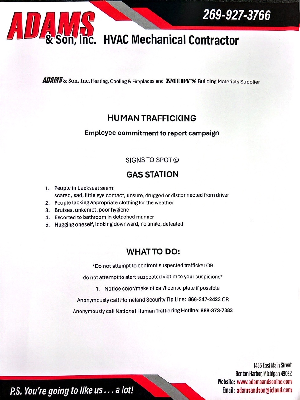 ADAMS & Son, Inc. HVAC Mechanical Human Trafficking Awareness Campaign.